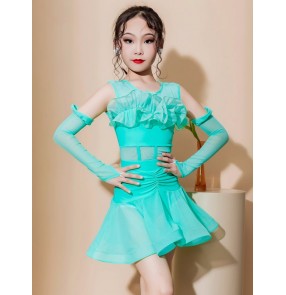 Girls kids pink turquoise latin dance dresses salsa rumba chacha ballroom rhythm stage performance costumes for children